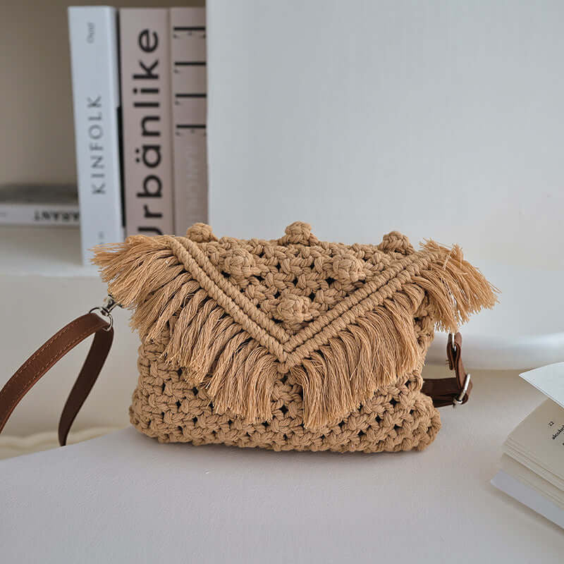 Crossbody Woven Straw Bag Cotton Thread Bag Women Tassel Bag