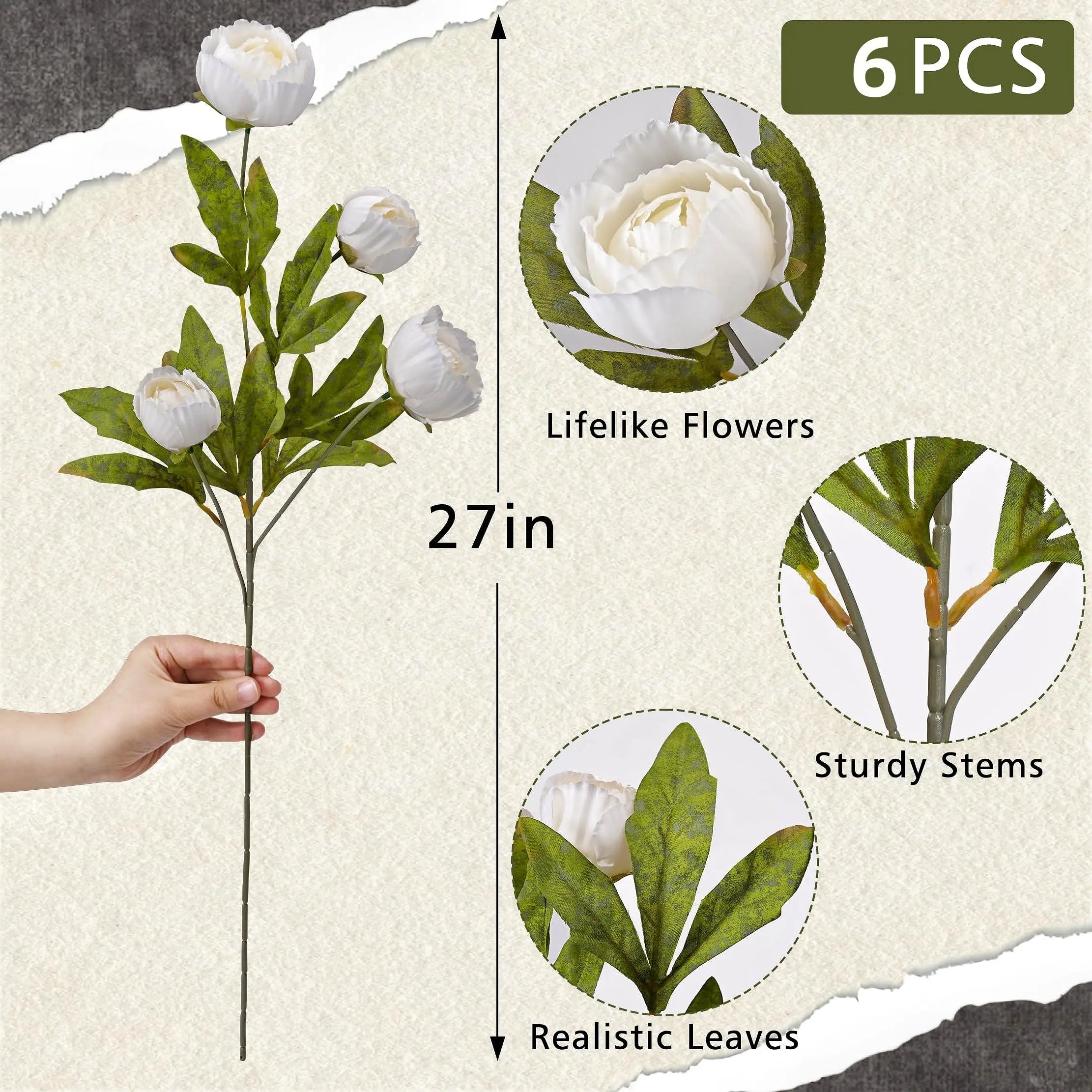 6-Piece Set of Imitation Silk Peony Flower Vase Decoration -4 Simulated Peony Branches with Stems DIY Bouquet Center Decoration, Wedding Filling Arrangement, Bathroom Decoration Table Ornaments