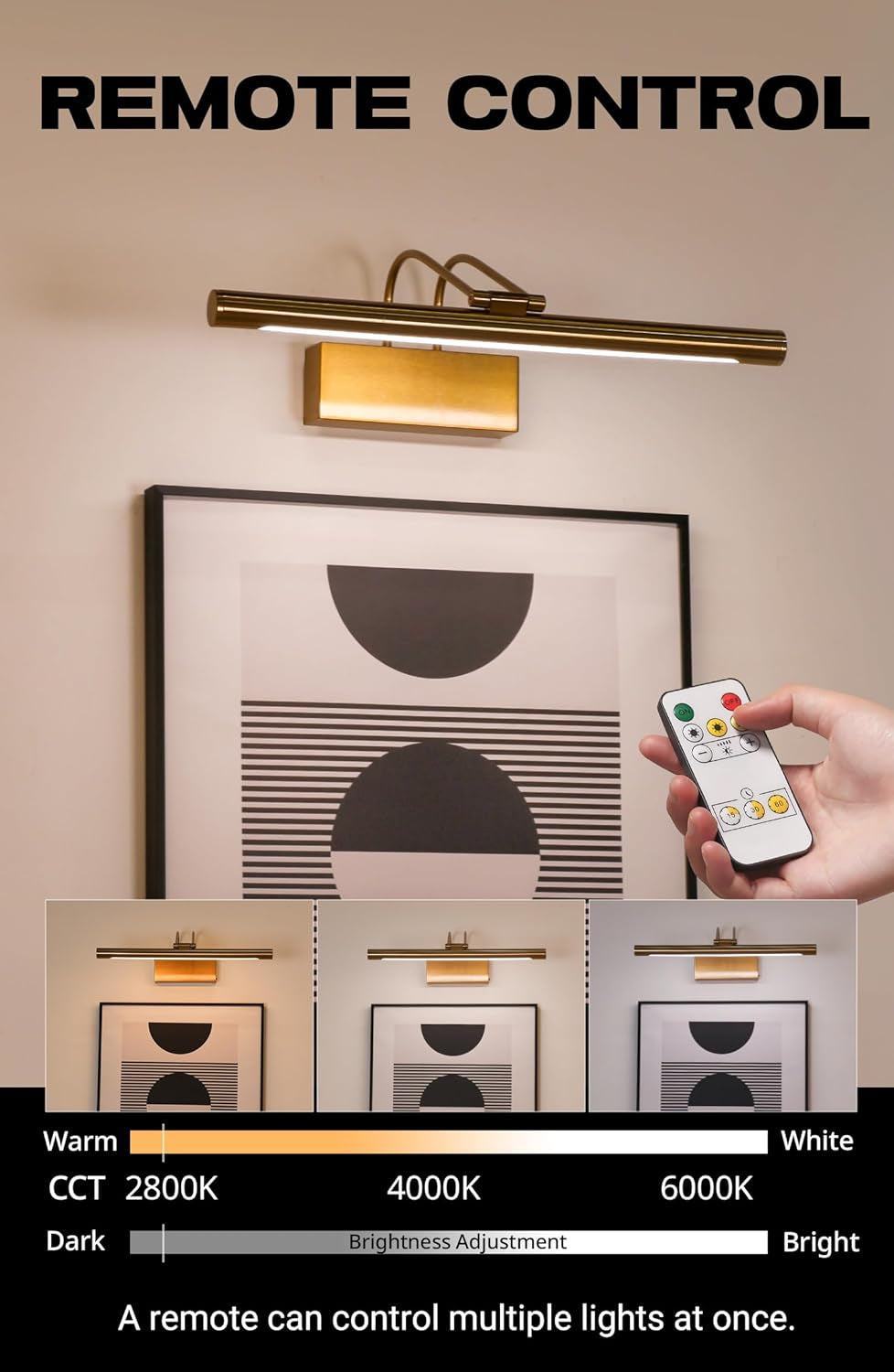 Battery Operated Picture Light for Wall 16 Inch Wireless Art Lighting Brass Painting Light Gold Dimmable Gallery Lights Rechargeable Picture Frame Light with IR Remote Control