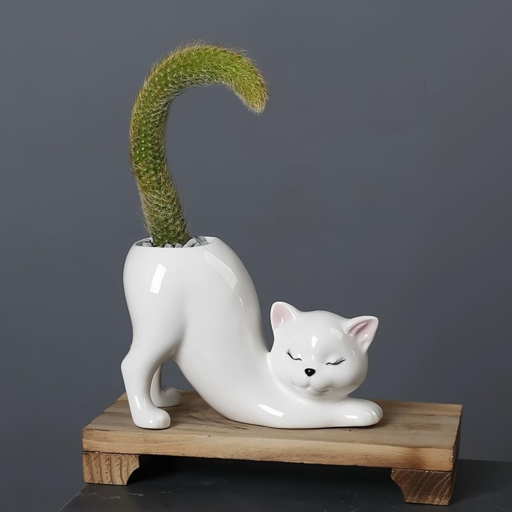 Unique Ceramic Cat Planter Pot，Cute Tailless Cat Little Planter Pot，Indoor and Outdoor Plant Displays，For Home Office Ceramic Containers Flower Pot,White(Plant Not Included)