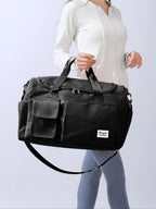 Women'S Fashion Large Capacity Travel Bag, Solid Color Letter Patch Zipper Pocket Travel Bag, Casual Lightweight Travel Bag for Gym & Short Business Trips, Durable Travel Duffels, Gym Bag, Travel Duffle Bag