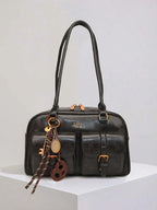 Retro Style Double Pocket Handbag, Fashionable Underarm Shoulder Bag with Pendant, Simple and Versatile Single Shoulder Baguette Bag, Niche Design Suitable for College Students, Office Workers Daily Commuting, Casual Fashion Bag, Etc.