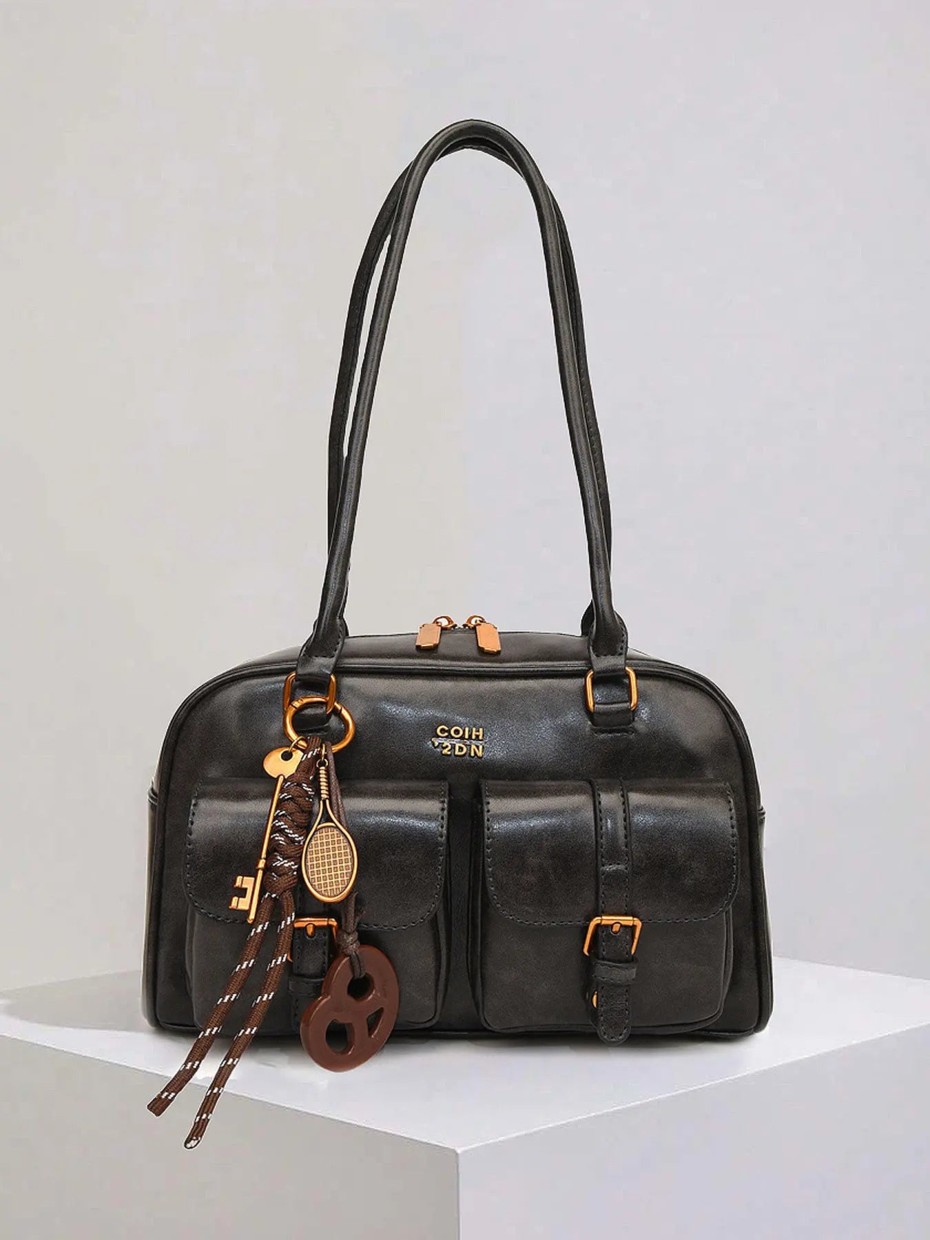 Retro Style Double Pocket Handbag, Fashionable Underarm Shoulder Bag with Pendant, Simple and Versatile Single Shoulder Baguette Bag, Niche Design Suitable for College Students, Office Workers Daily Commuting, Casual Fashion Bag, Etc.