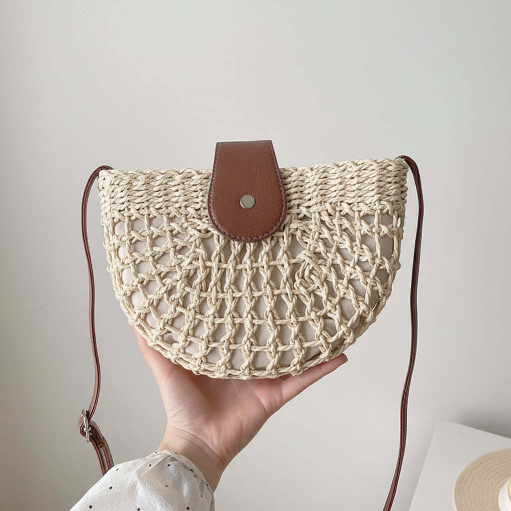 Semicircle Straw Crossbody Bag Hollow Out Cutout Woven Shoulder Bag