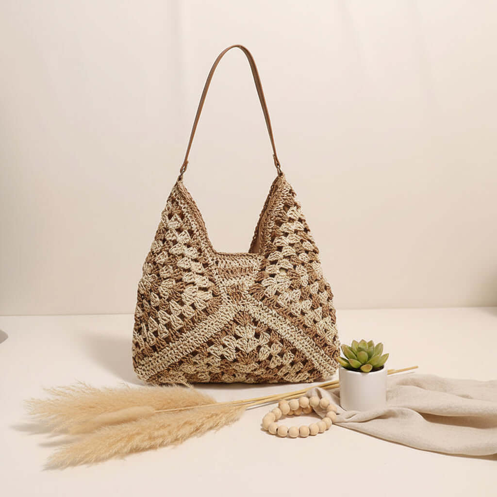 Handmade Crochet Beach Bag Large Capacity Hollow Out Shoulder Tote Bohemian Woven Triangle Bag for Vacation &Amp; Travel