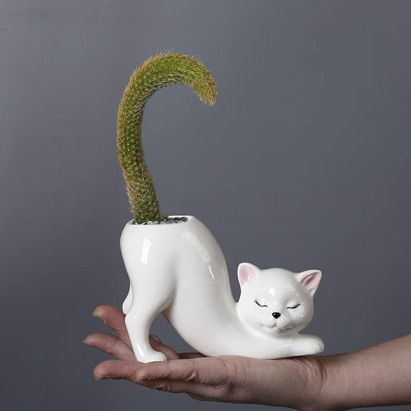 Unique Ceramic Cat Planter Pot，Cute Tailless Cat Little Planter Pot，Indoor and Outdoor Plant Displays，For Home Office Ceramic Containers Flower Pot,White(Plant Not Included)