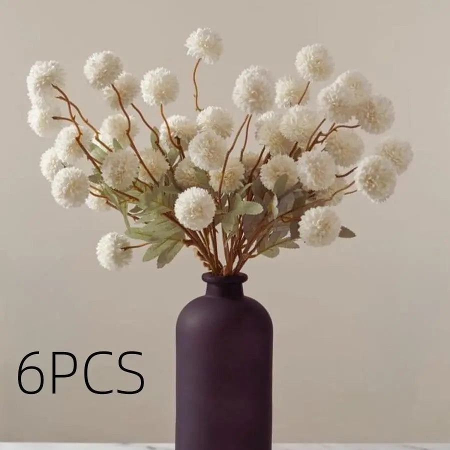 Decorative Silk Mum Bouquet-Shaped Artificial Flowers, 6/12 PCS Mix Color Indoor Faux Ping-Pong Ball Snowball Pom-Pom Bouquets (No Vase) for Home, Wedding Decor