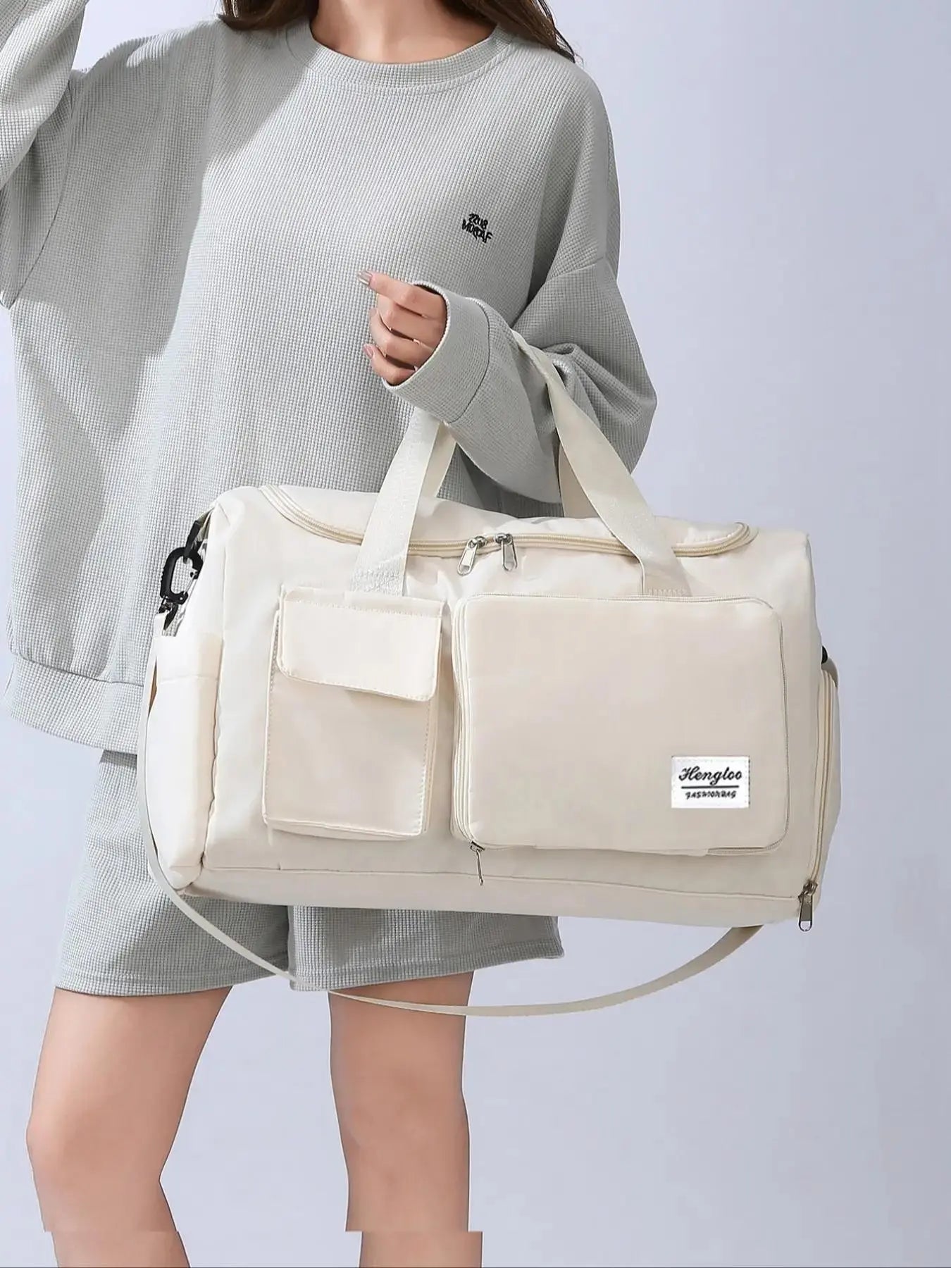 Women'S Fashion Large Capacity Travel Bag, Solid Color Letter Patch Zipper Pocket Travel Bag, Casual Lightweight Travel Bag for Gym & Short Business Trips, Durable Travel Duffels, Gym Bag, Travel Duffle Bag