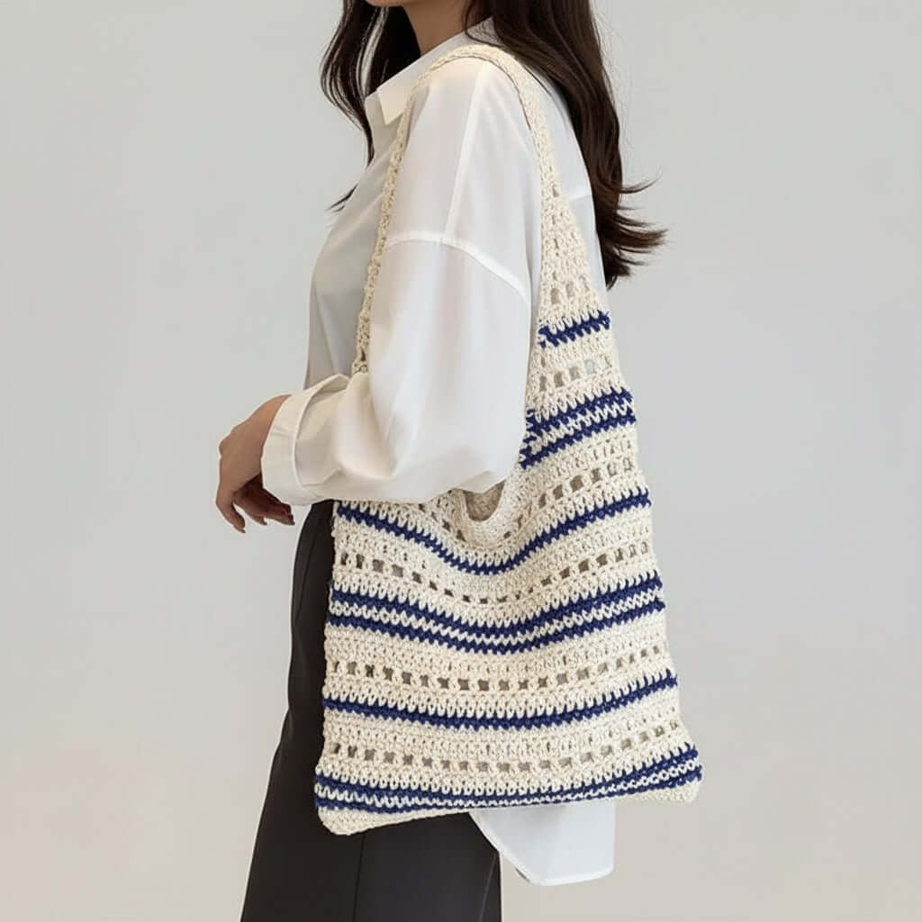 Striped Woven Beach Bag Large Capacity