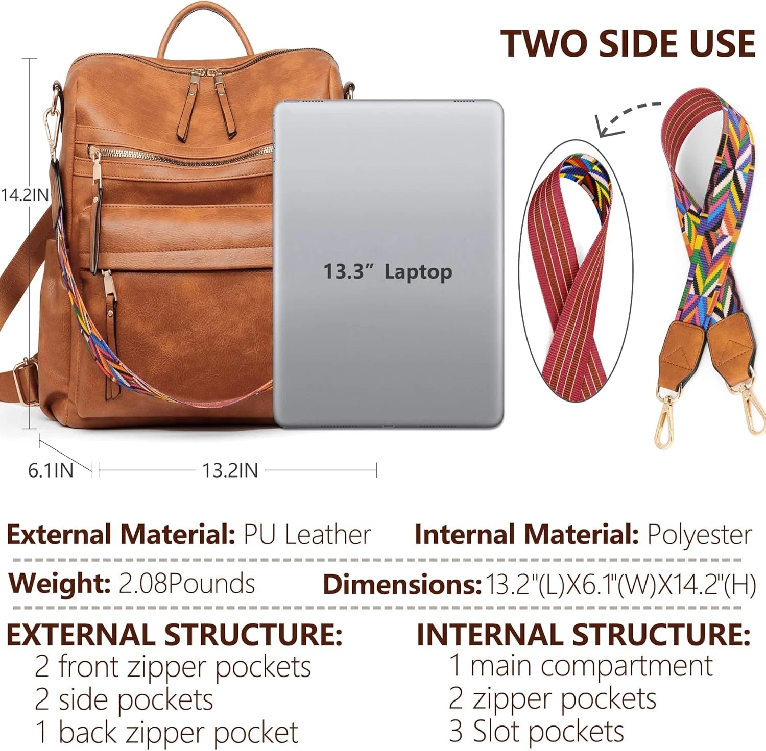 Backpack Purse for Women Fashion Waterproof PU Leather School Backpack Convertible Shoulder Bags Brown