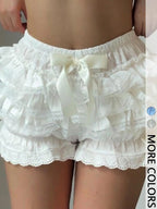 1Pc Women Fashion Ruffle Lace Slip Skirt Shorts Bow Decor Lolita Tiered Bloomers
