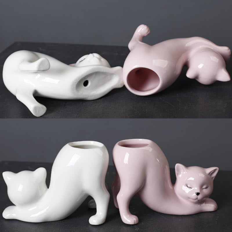 Unique Ceramic Cat Planter Pot，Cute Tailless Cat Little Planter Pot，Indoor and Outdoor Plant Displays，For Home Office Ceramic Containers Flower Pot,White(Plant Not Included)