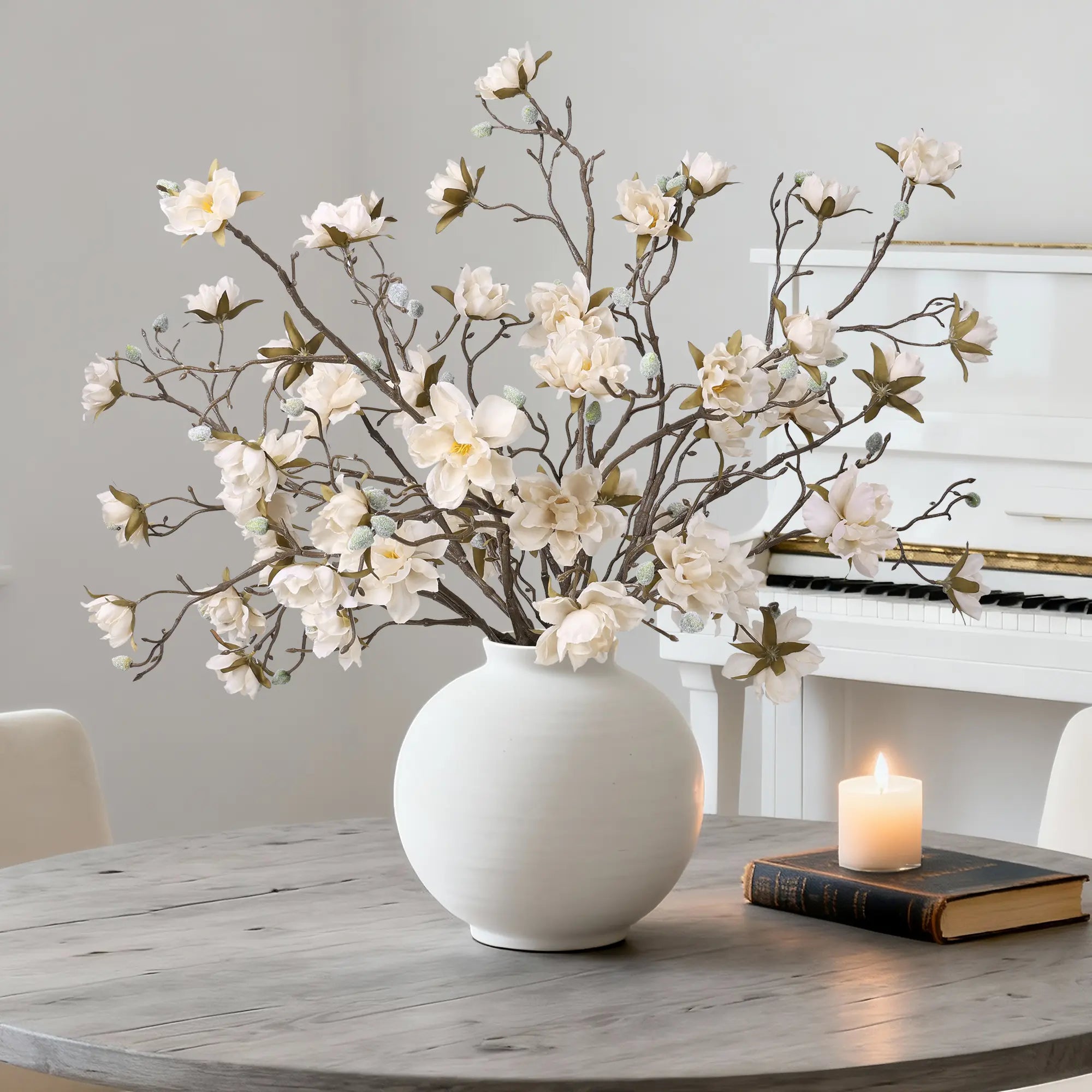 Ivydale 3PCS Artificial Magnolia Flowers Stems for Spring Decoration, Faux Champagne Magnolia Branches with Buds, 34.5" Long Stems Floral Arrangement for Vase Pot Table Centerpiece Indoor Decor