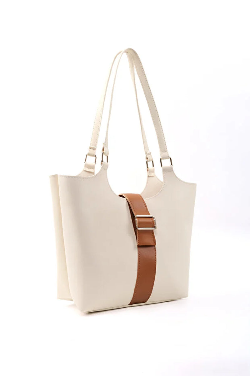 Brown Faux Leather Snap Closure Crossbody Hand Bag Single Compartment Shoulder, Arm and Handbag White