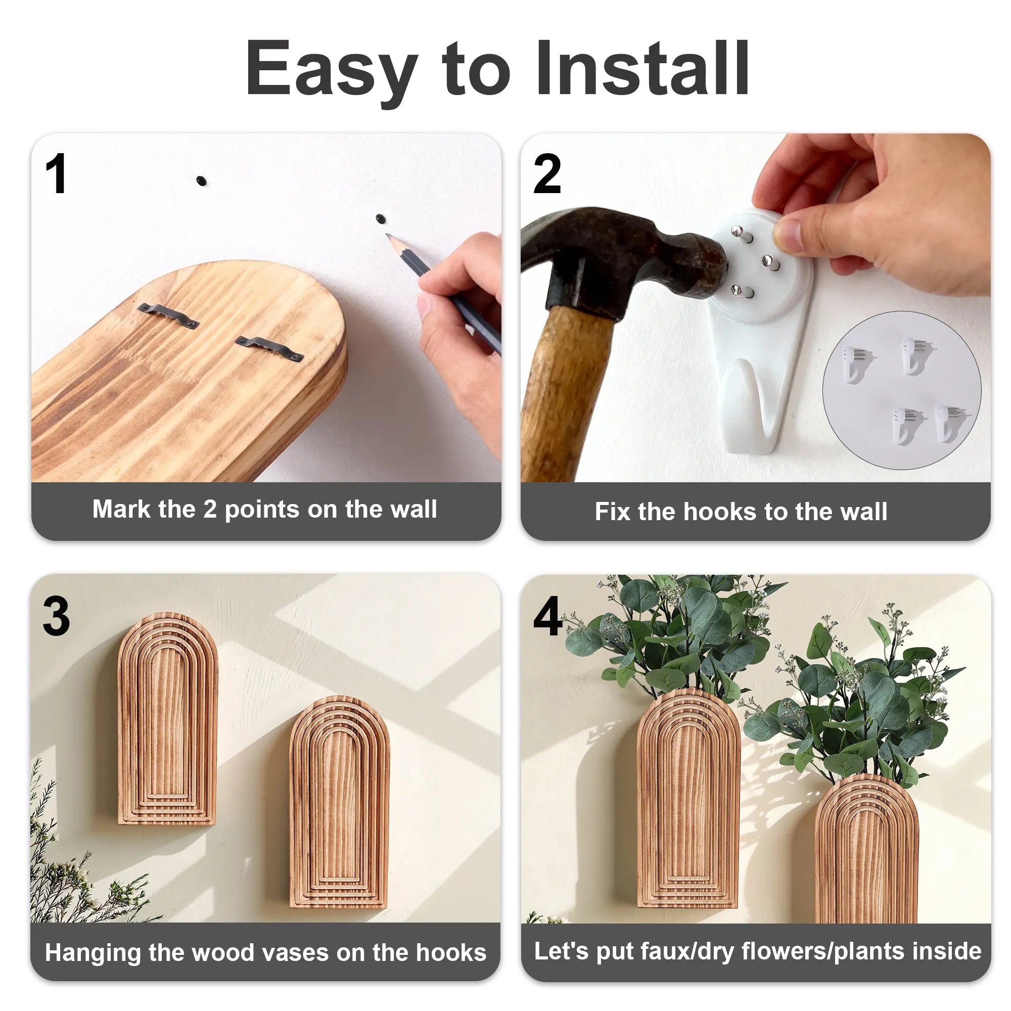 Ivydale 2 Pack Wooden Wall Vases with Fake Plants, Wall Hanging Planters Boho Modern Farmhouse Indoor for Narrow Spaces Entryway Bathroom Home Office Decoration, Brown