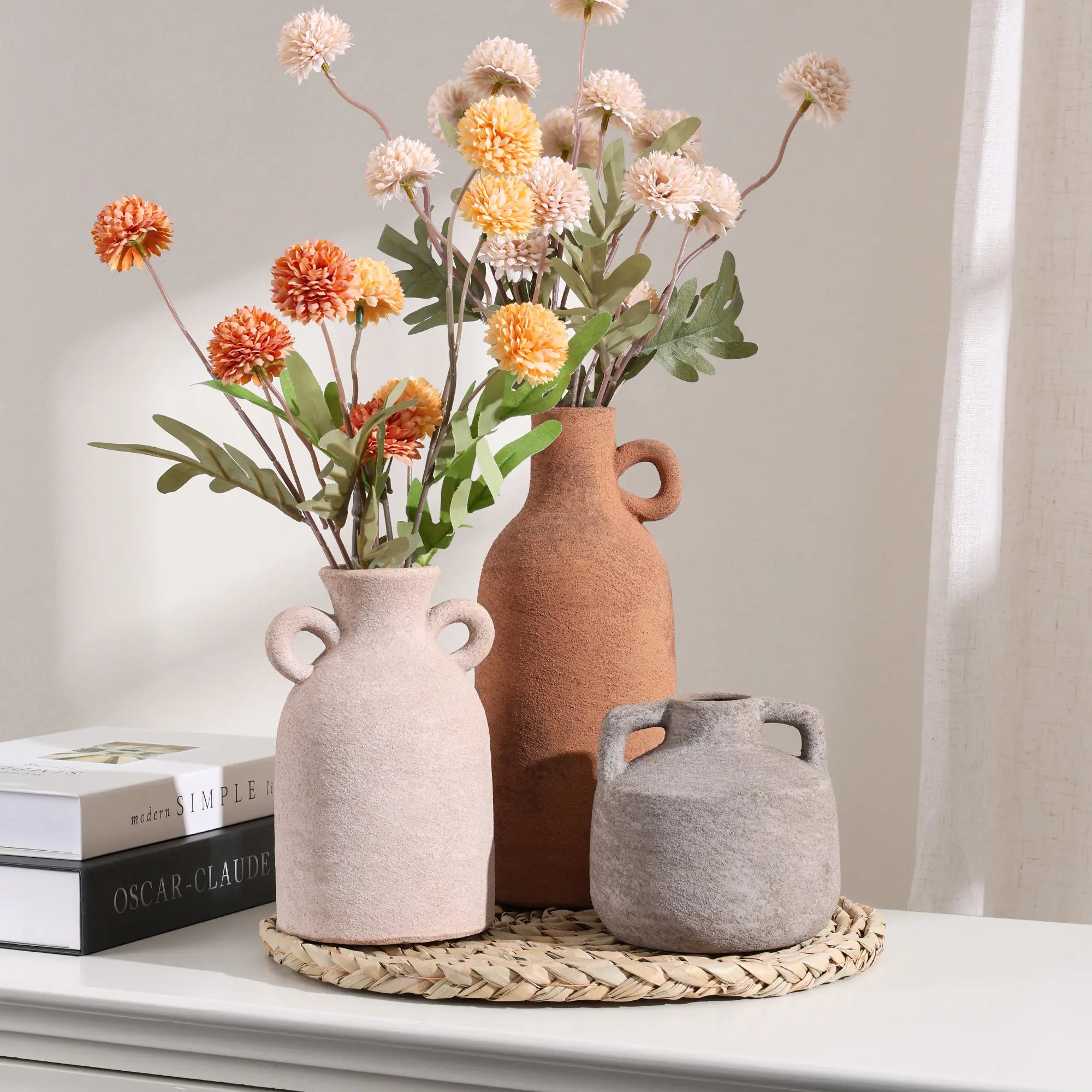 Ivydale Ceramic Vase Set, 3Pcs Flower Vases for Modern Boho Farmhouse Decor, Decorative Vases for Pampas Grass & Dried Flowers, Distressed Finish