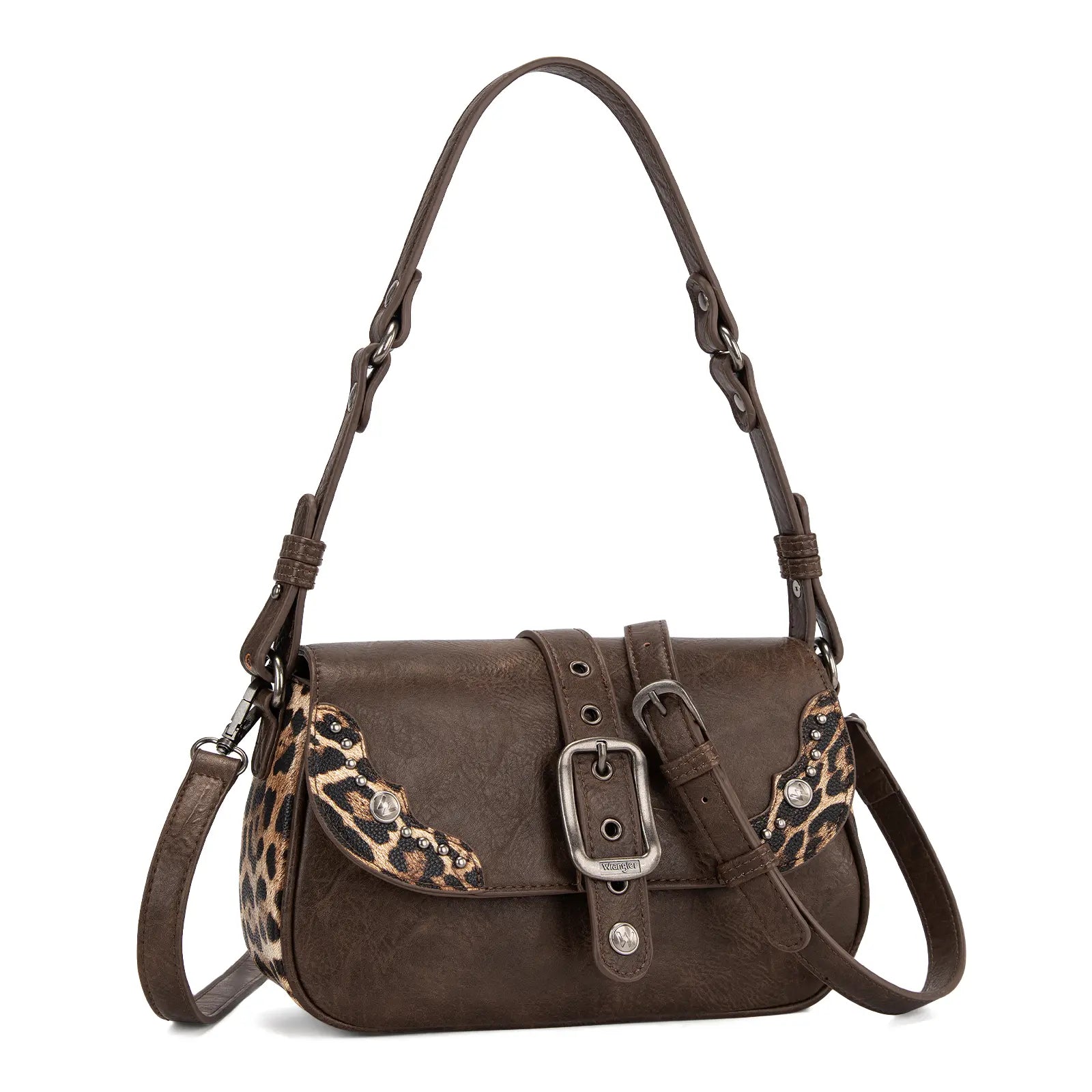 Wrangler Shoulder Bag for Women Leopard Hobo Purse Underarm Handbag with Buckle, Studs & Crossbody Strap