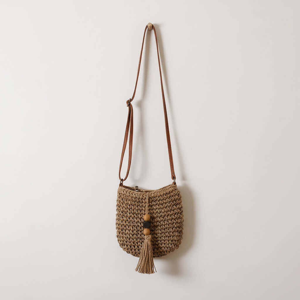 Crossbody Straw Beach Bag with Wooden Bead Tassels
