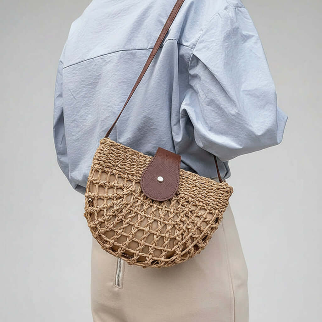 Semicircle Straw Crossbody Bag Hollow Out Cutout Woven Shoulder Bag