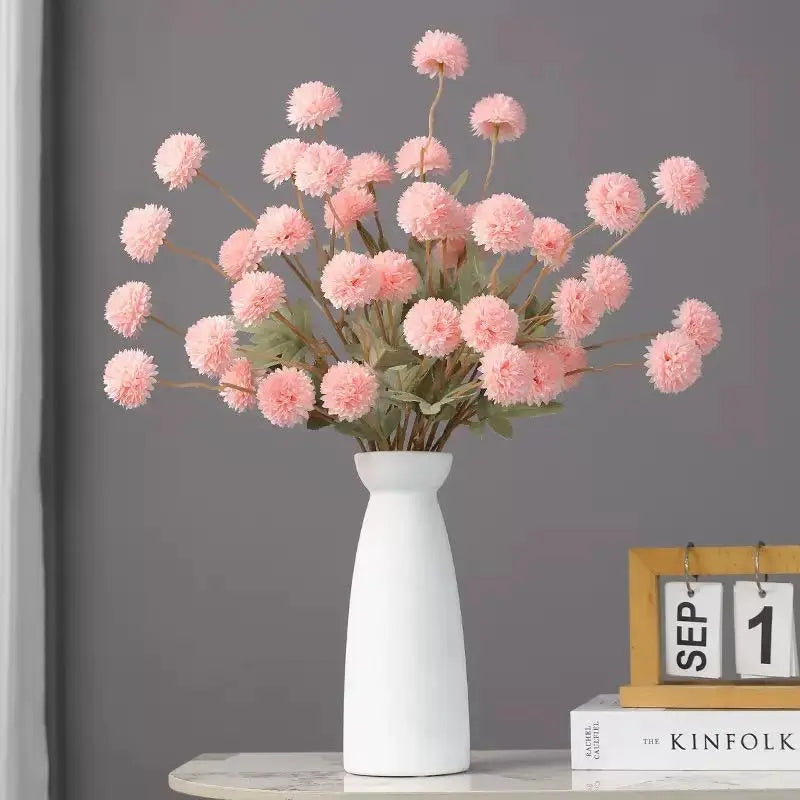 Decorative Silk Mum Bouquet-Shaped Artificial Flowers, 6/12 PCS Mix Color Indoor Faux Ping-Pong Ball Snowball Pom-Pom Bouquets (No Vase) for Home, Wedding Decor