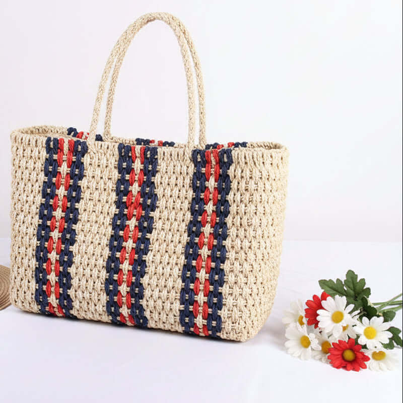 Striped Woven Beach Bag Travel Vacation Women Striped One Shoulder Bag