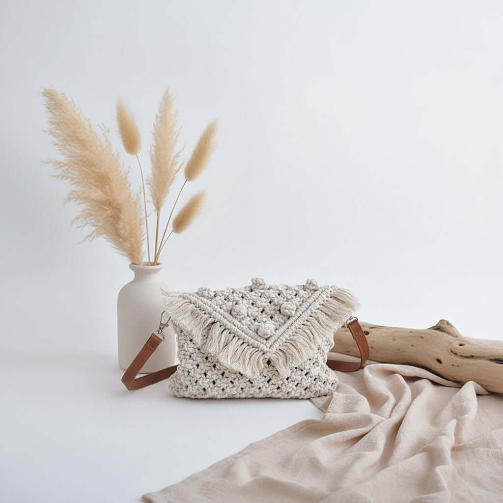 Crossbody Woven Straw Bag Cotton Thread Bag Women Tassel Bag