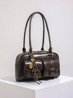 Retro Style Double Pocket Handbag, Fashionable Underarm Shoulder Bag with Pendant, Simple and Versatile Single Shoulder Baguette Bag, Niche Design Suitable for College Students, Office Workers Daily Commuting, Casual Fashion Bag, Etc.