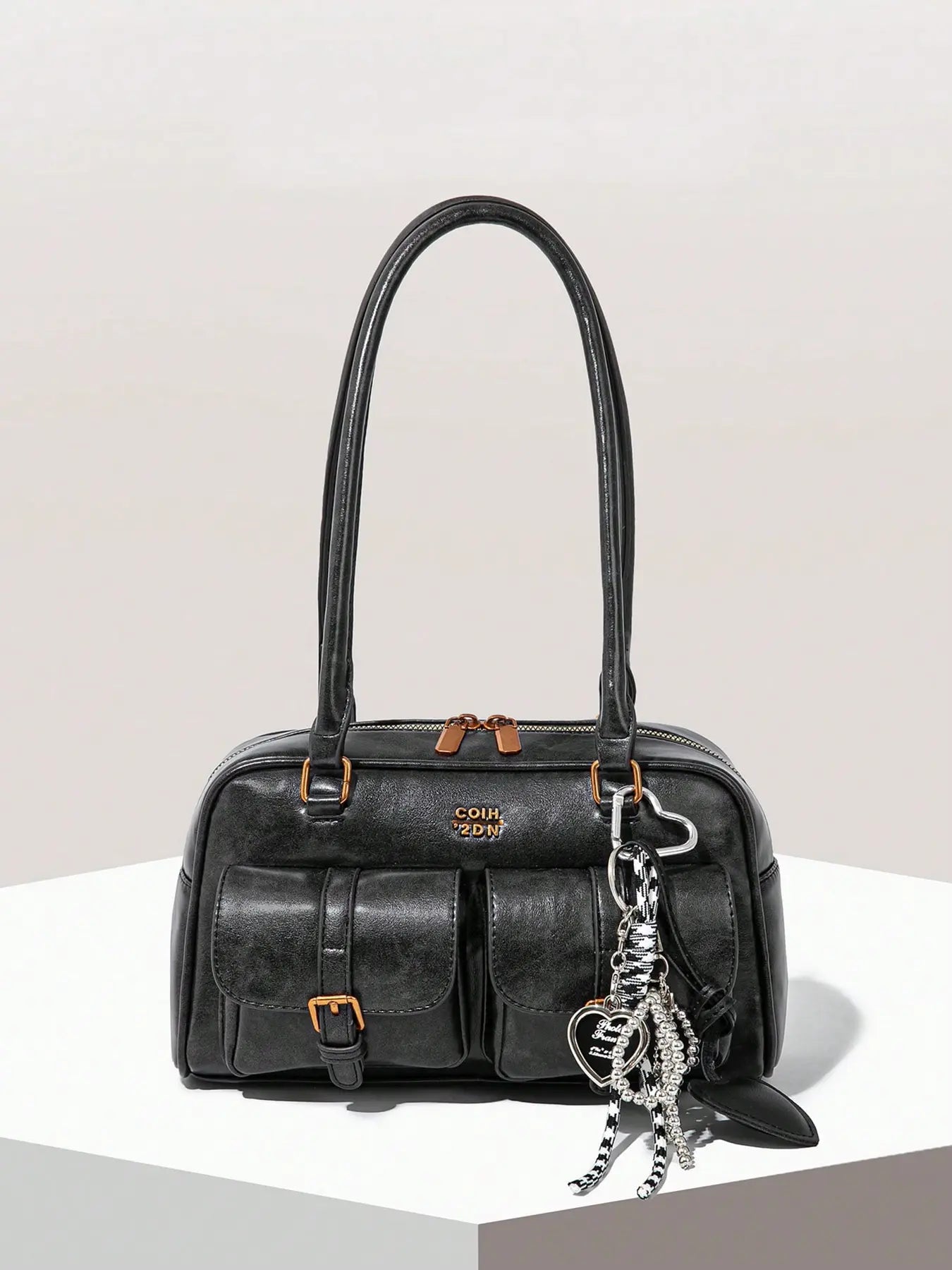 Retro Style Double Pocket Handbag, Fashionable Underarm Shoulder Bag with Pendant, Simple and Versatile Single Shoulder Baguette Bag, Niche Design Suitable for College Students, Office Workers Daily Commuting, Casual Fashion Bag, Etc.