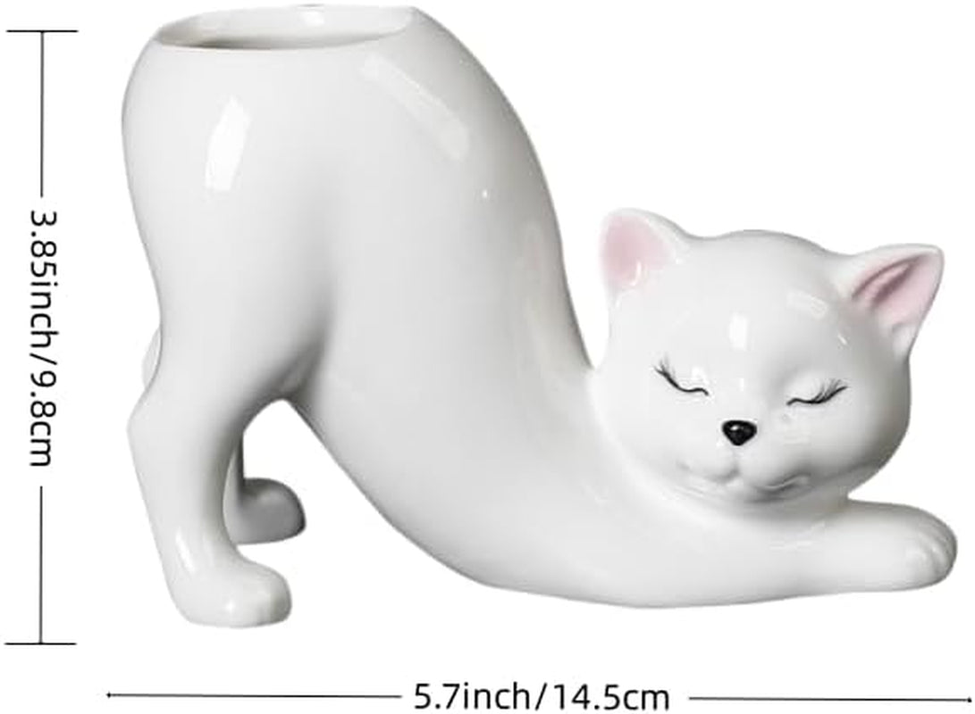 Unique Ceramic Cat Planter Pot，Cute Tailless Cat Little Planter Pot，Indoor and Outdoor Plant Displays，For Home Office Ceramic Containers Flower Pot,White(Plant Not Included)