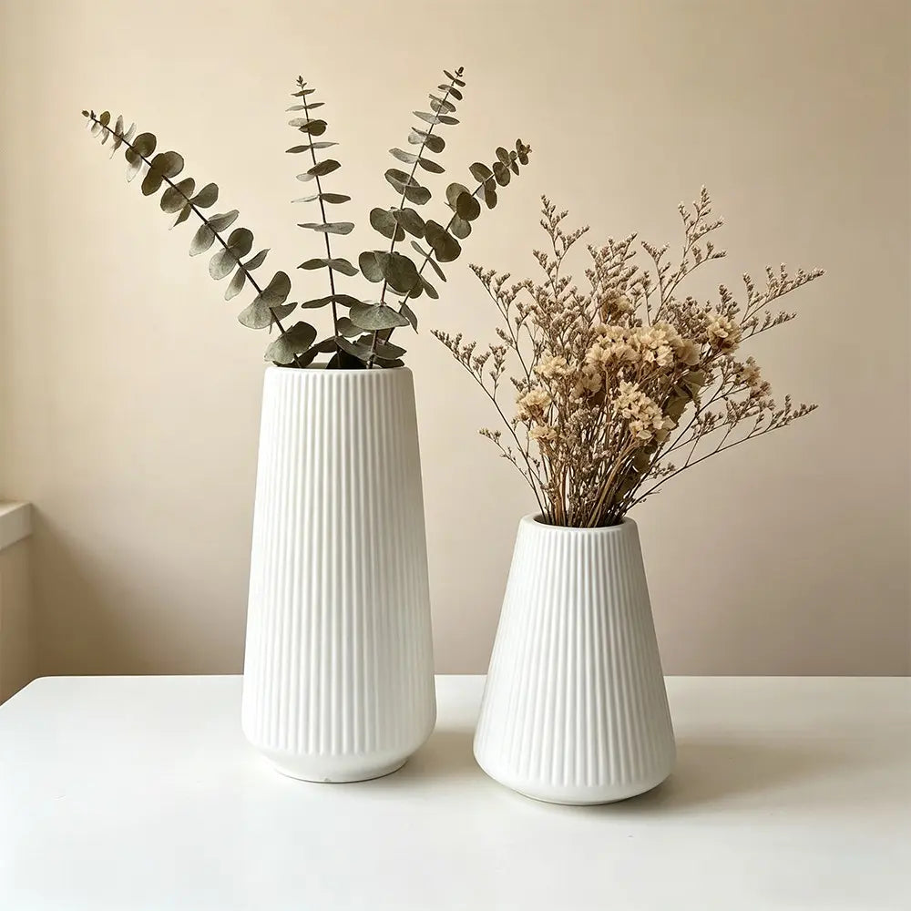 Set of 2 Matte Cream White Ribbed Plastic Vases - Unbreakable Modern Wabi-Sabi Flower Vase, Decorative Vase, Lightweight Centerpiece for Dried Pampas & Fresh Flowers, Ideal for Living Room, Bedroom, Office, Housewarming Gift, Home Decor Vase