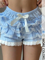 1Pc Women Fashion Ruffle Lace Slip Skirt Shorts Bow Decor Lolita Tiered Bloomers