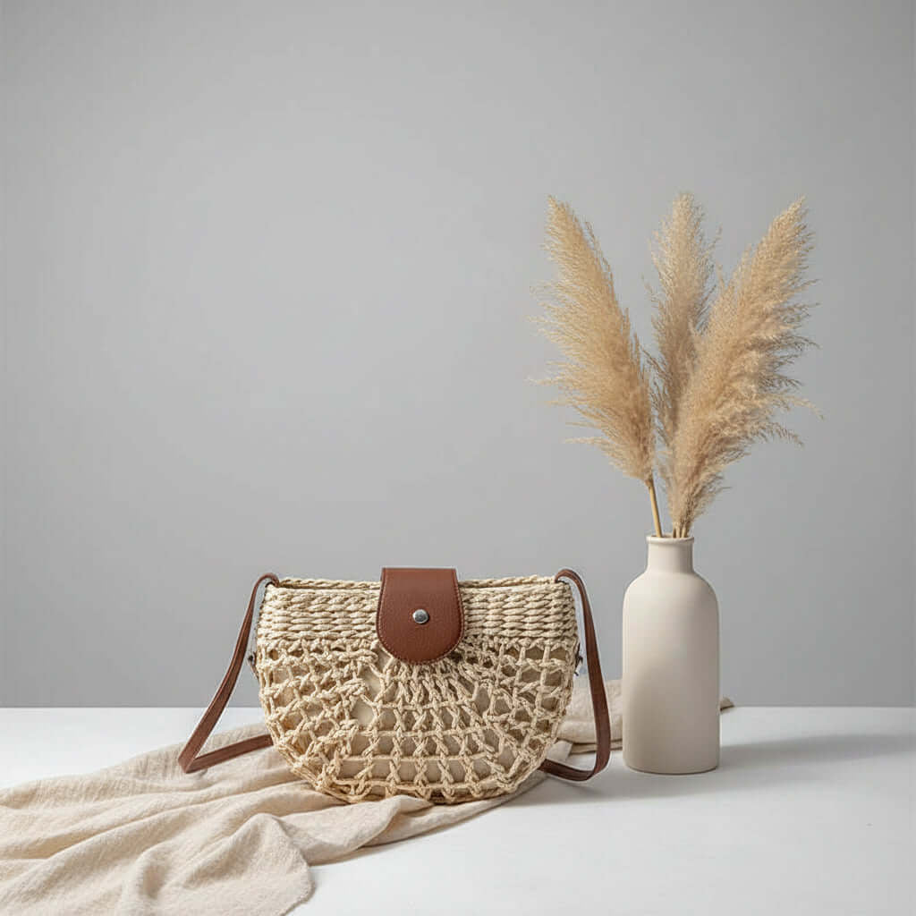 Semicircle Straw Crossbody Bag Hollow Out Cutout Woven Shoulder Bag