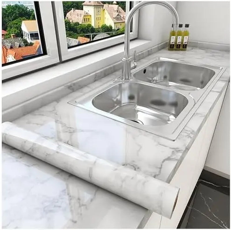 White Gray Marble Look Peel-And-Stick Vinyl Contact Paper, Waterproof Peel and Stick Wallpaper, Rectangular Roll for Countertops, Bathroom Home Decor, Indoor Use (16"X120")