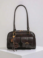 Retro Style Double Pocket Handbag, Fashionable Underarm Shoulder Bag with Pendant, Simple and Versatile Single Shoulder Baguette Bag, Niche Design Suitable for College Students, Office Workers Daily Commuting, Casual Fashion Bag, Etc.