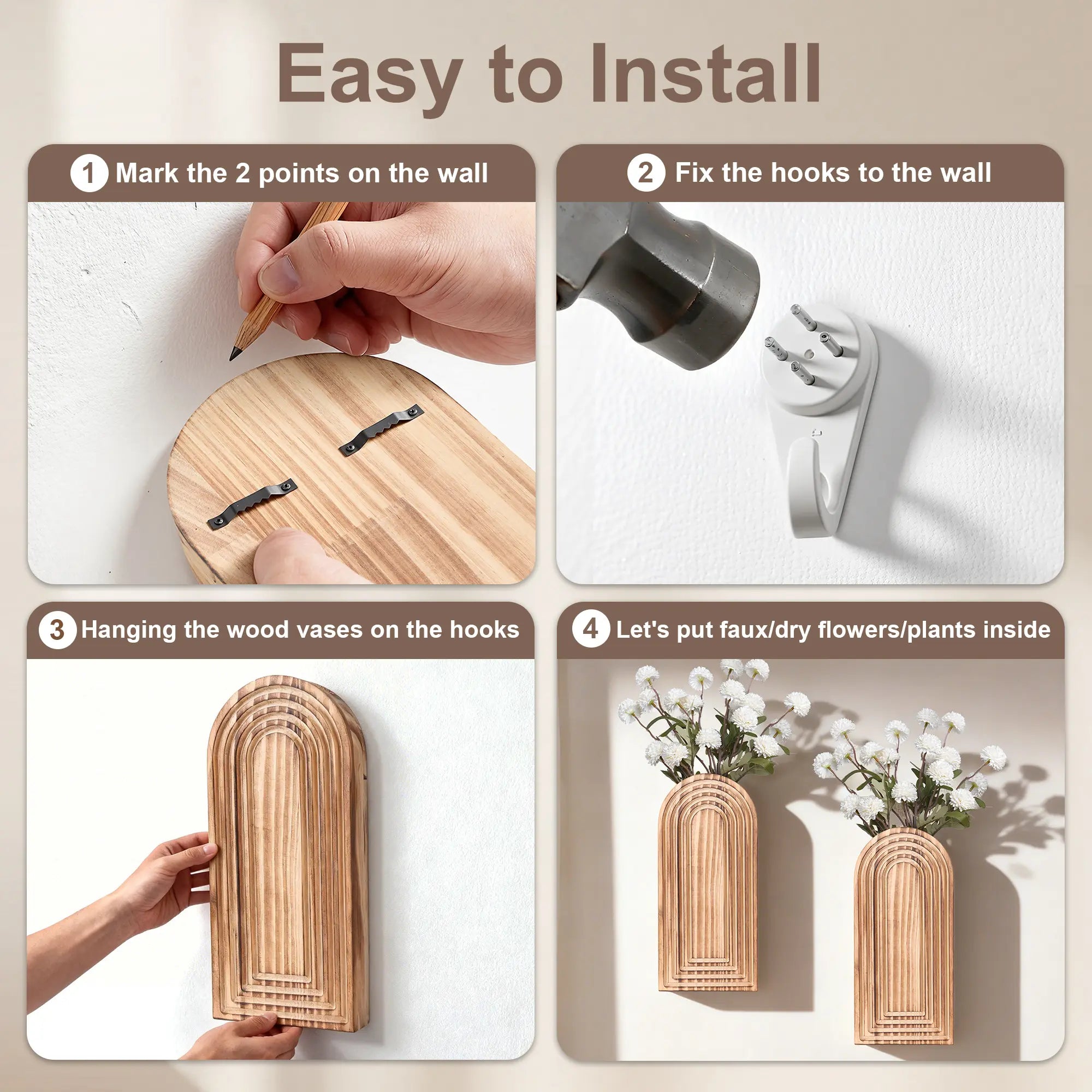 Ivydale Wooden Wall Vase Set of 2, Wall Hanging Planter Modern Farmhouse Wall Decor for Boho Wall Decor for Indoor Entryway Hallway Bathroom Living Room Dining Room