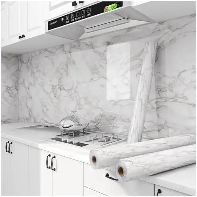 White Gray Marble Look Peel-And-Stick Vinyl Contact Paper, Waterproof Peel and Stick Wallpaper, Rectangular Roll for Countertops, Bathroom Home Decor, Indoor Use (16"X120")