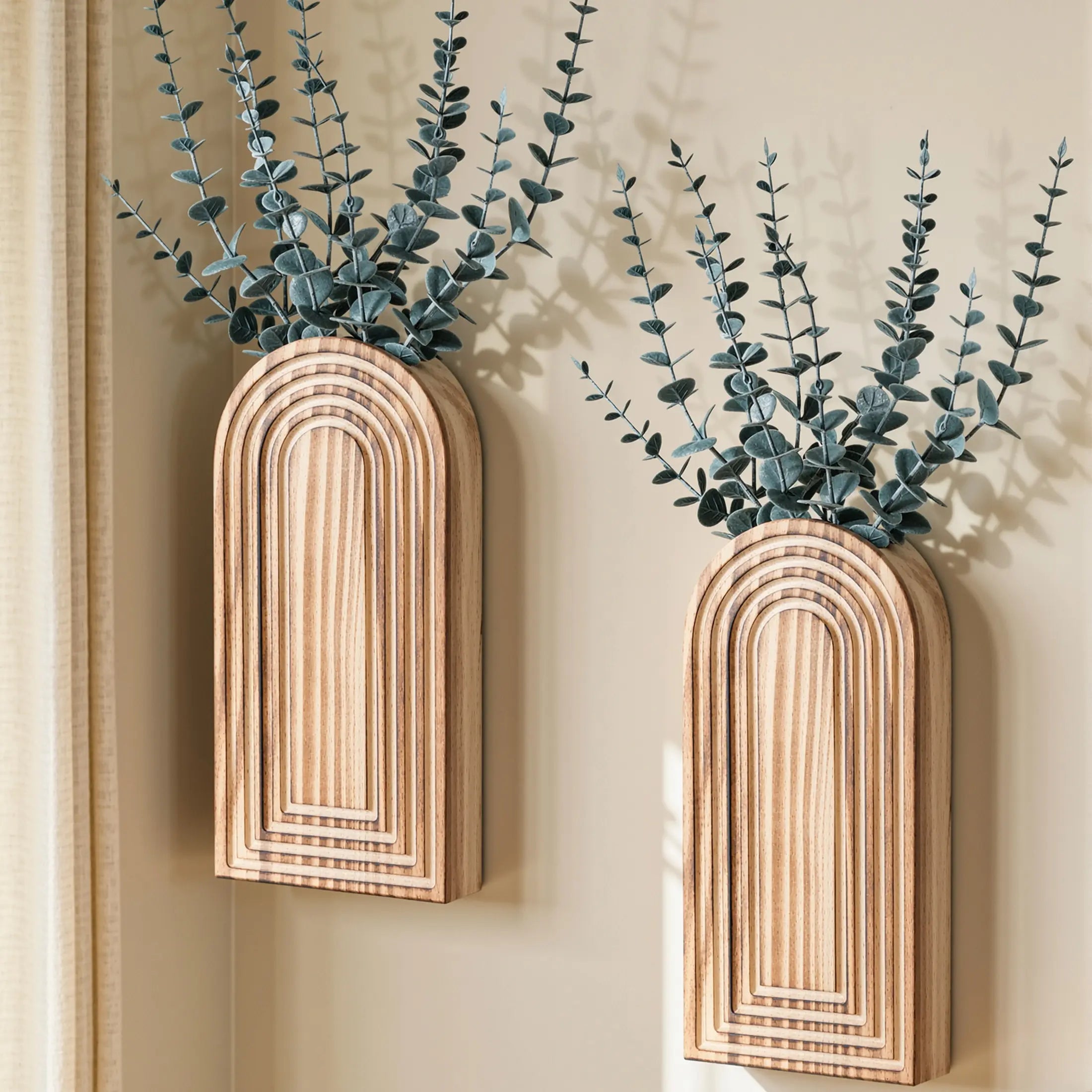 Ivydale 2 Pack Wooden Wall Vases with Fake Plants, Wall Hanging Planters Boho Modern Farmhouse Indoor for Narrow Spaces Entryway Bathroom Home Office Decoration, Brown
