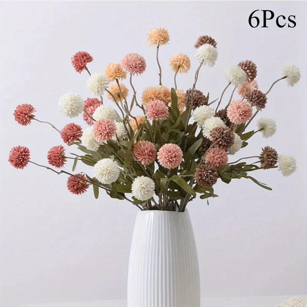 Decorative Silk Mum Bouquet-Shaped Artificial Flowers, 6/12 PCS Mix Color Indoor Faux Ping-Pong Ball Snowball Pom-Pom Bouquets (No Vase) for Home, Wedding Decor