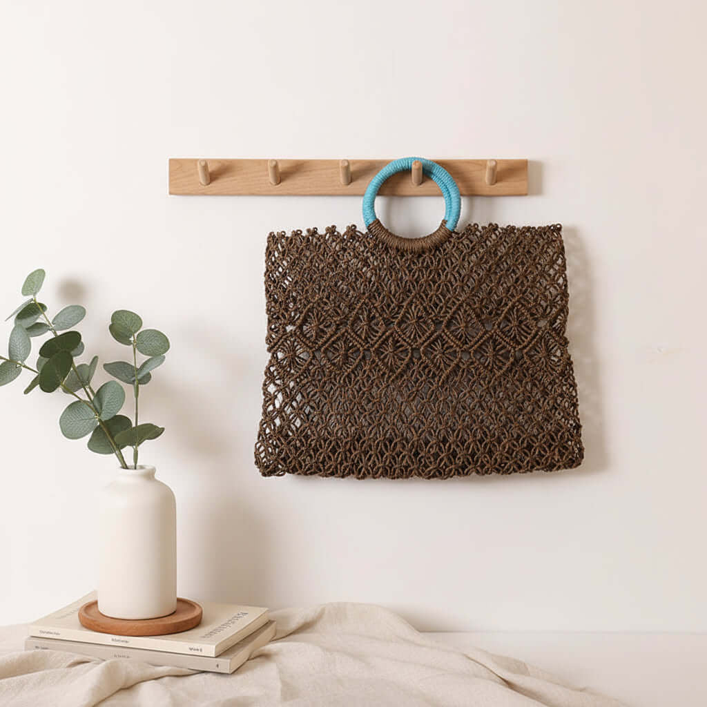 Round Handle Portable Square Straw Bag Summer Hollow Out Cutout Pattern Straw Bag