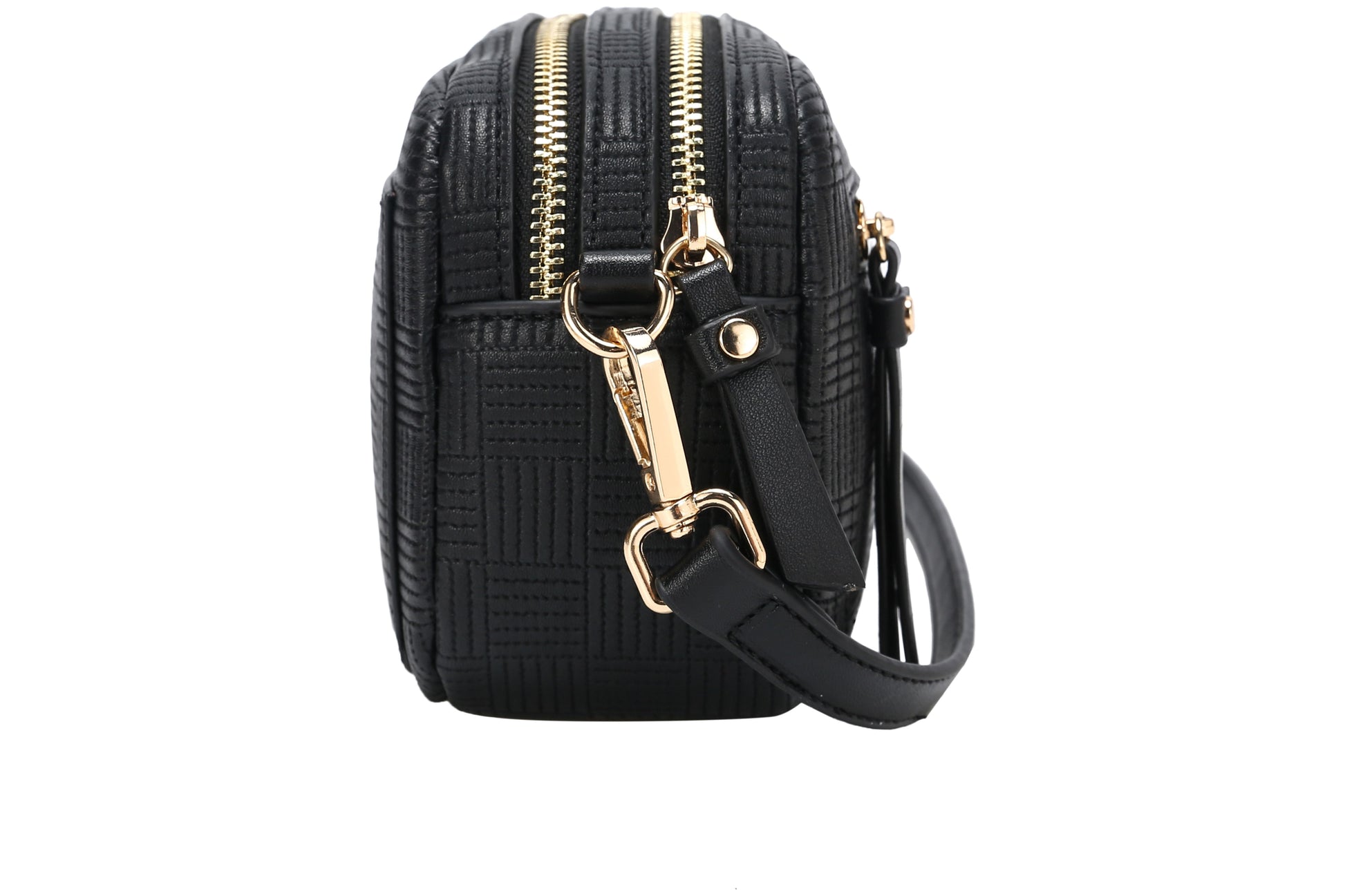 Dual Zipper Cross Body Shoulder Bag - PU Vegan Leather - Black Check