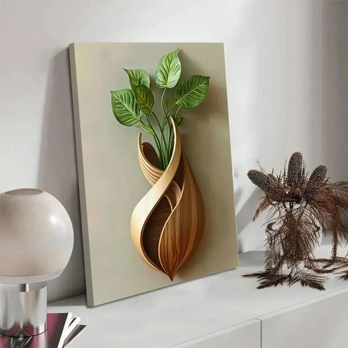 1PC Framed Canvas Modern Leaf Vase Minimalist Art, Clean Design, Premium Canvas, Ideal for Contemporary Living Room, Office, or Home Decor, Perfect for Modern, Elegant Spaces