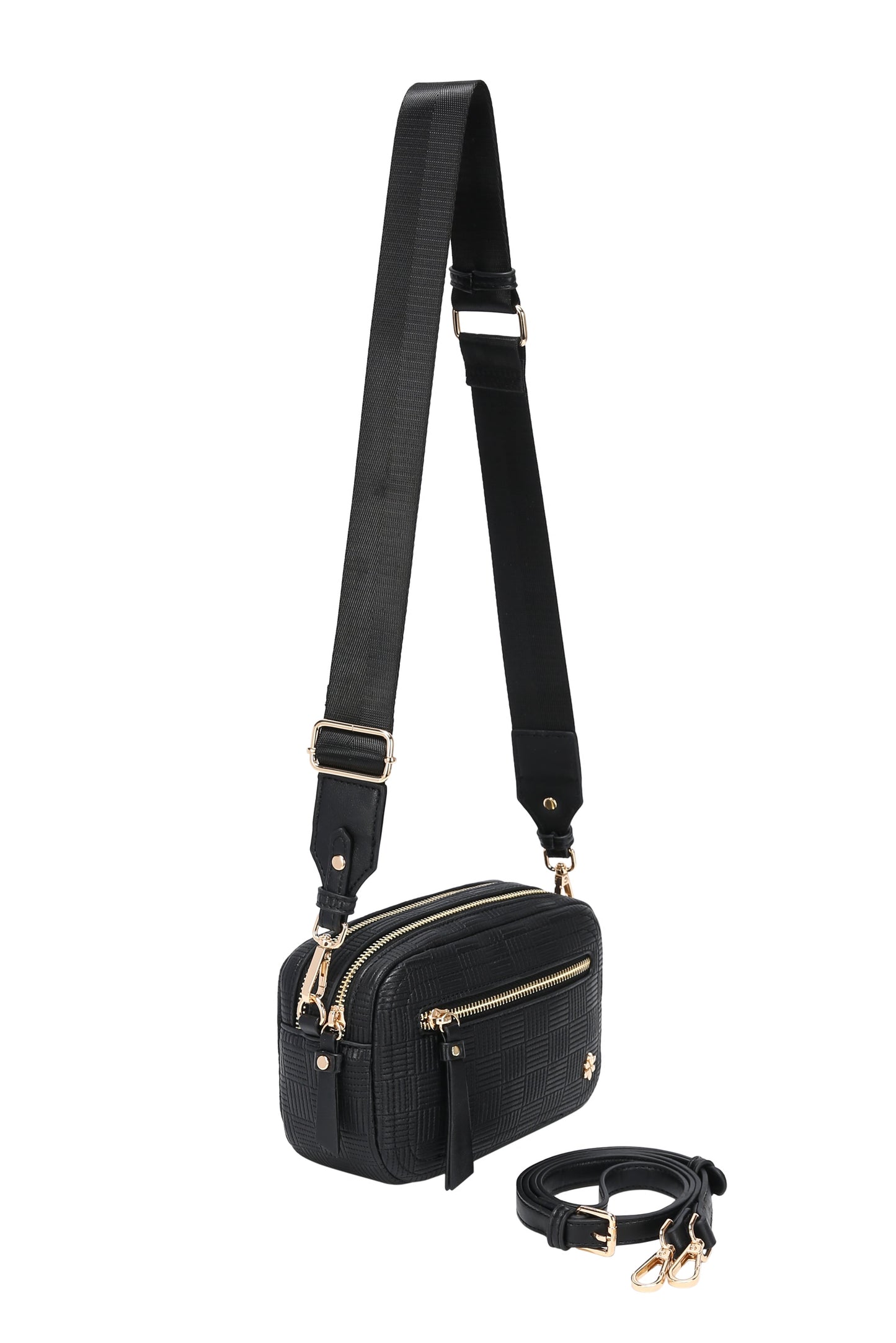 Dual Zipper Cross Body Shoulder Bag - PU Vegan Leather - Black Check