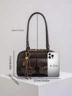Retro Style Double Pocket Handbag, Fashionable Underarm Shoulder Bag with Pendant, Simple and Versatile Single Shoulder Baguette Bag, Niche Design Suitable for College Students, Office Workers Daily Commuting, Casual Fashion Bag, Etc.
