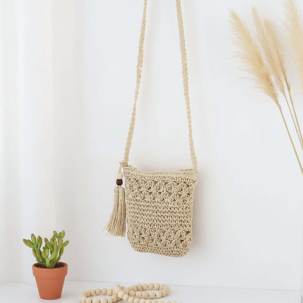 Beaded Tassel Straw Crossbody Bag Floral