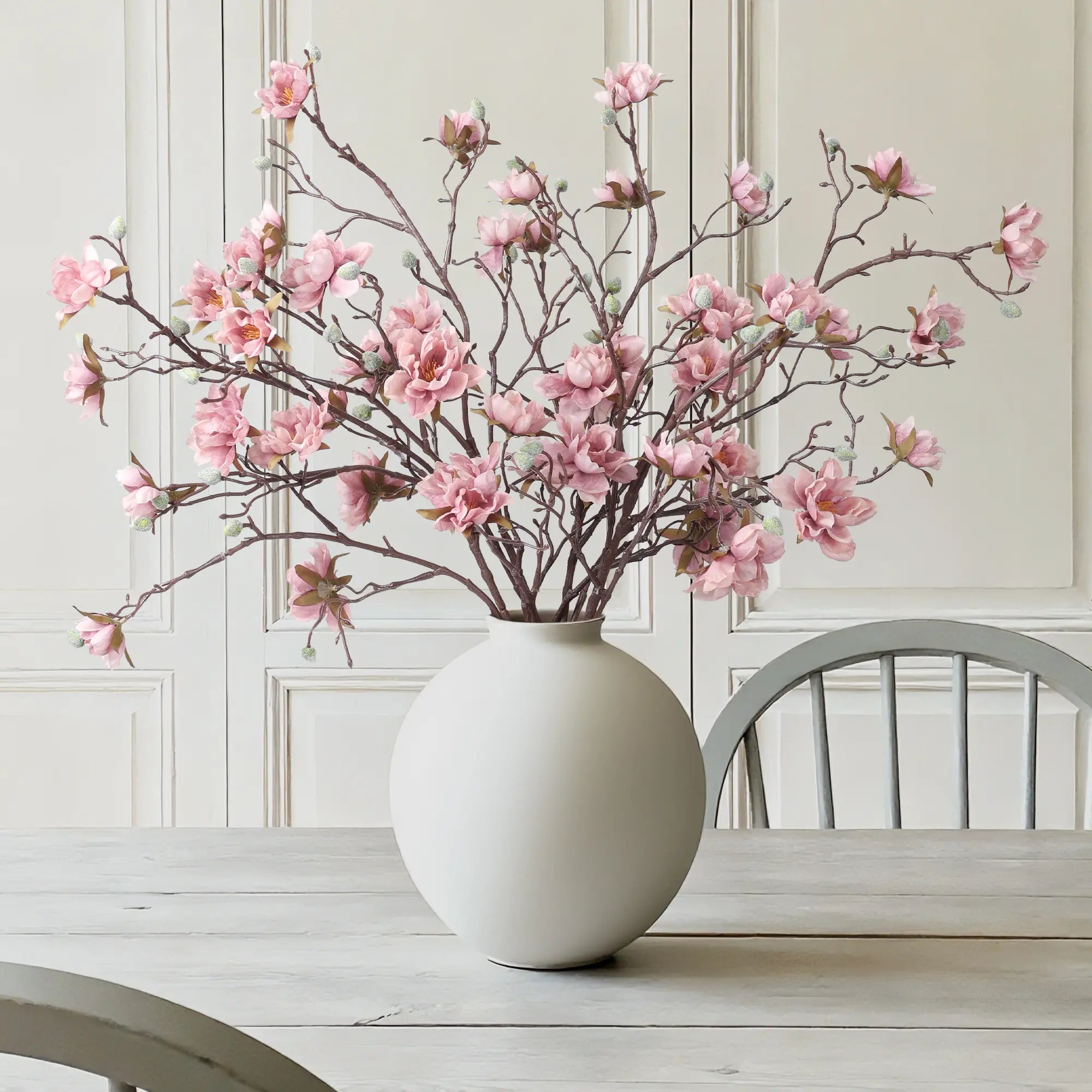 Ivydale 3PCS Artificial Magnolia Flowers Stems for Spring Decoration, Faux Champagne Magnolia Branches with Buds, 34.5" Long Stems Floral Arrangement for Vase Pot Table Centerpiece Indoor Decor