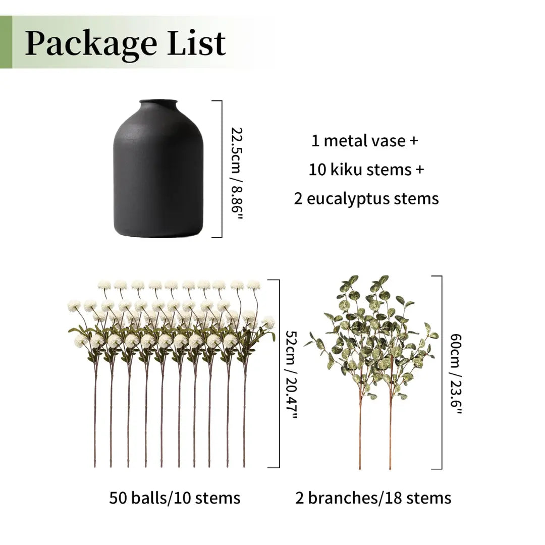 Artificial Flowers in Vase for Centerpieces: Vase with 12 Stems of Mums Kiku Flowers Eucalyptuses Faux Pom Poms Floral Arrangements for Kitchen Island Entryway Table