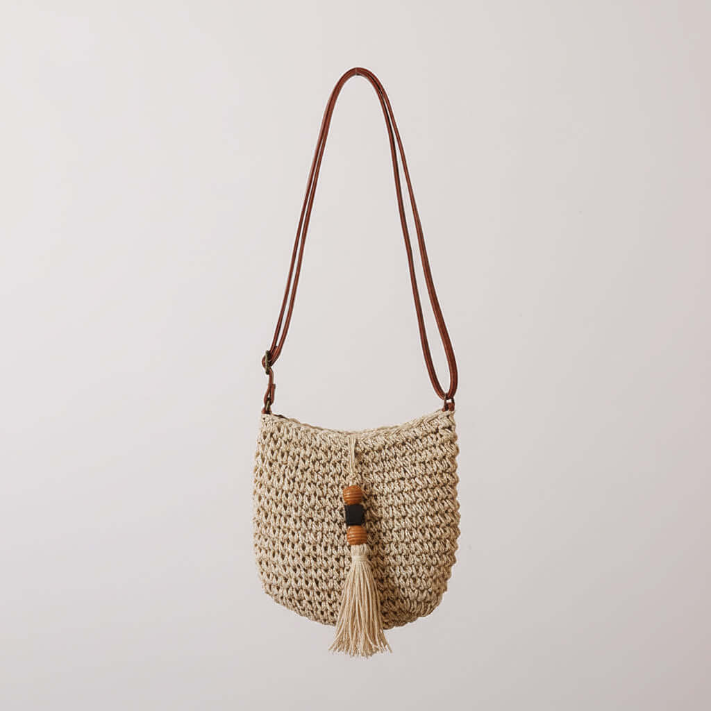 Crossbody Straw Beach Bag with Wooden Bead Tassels