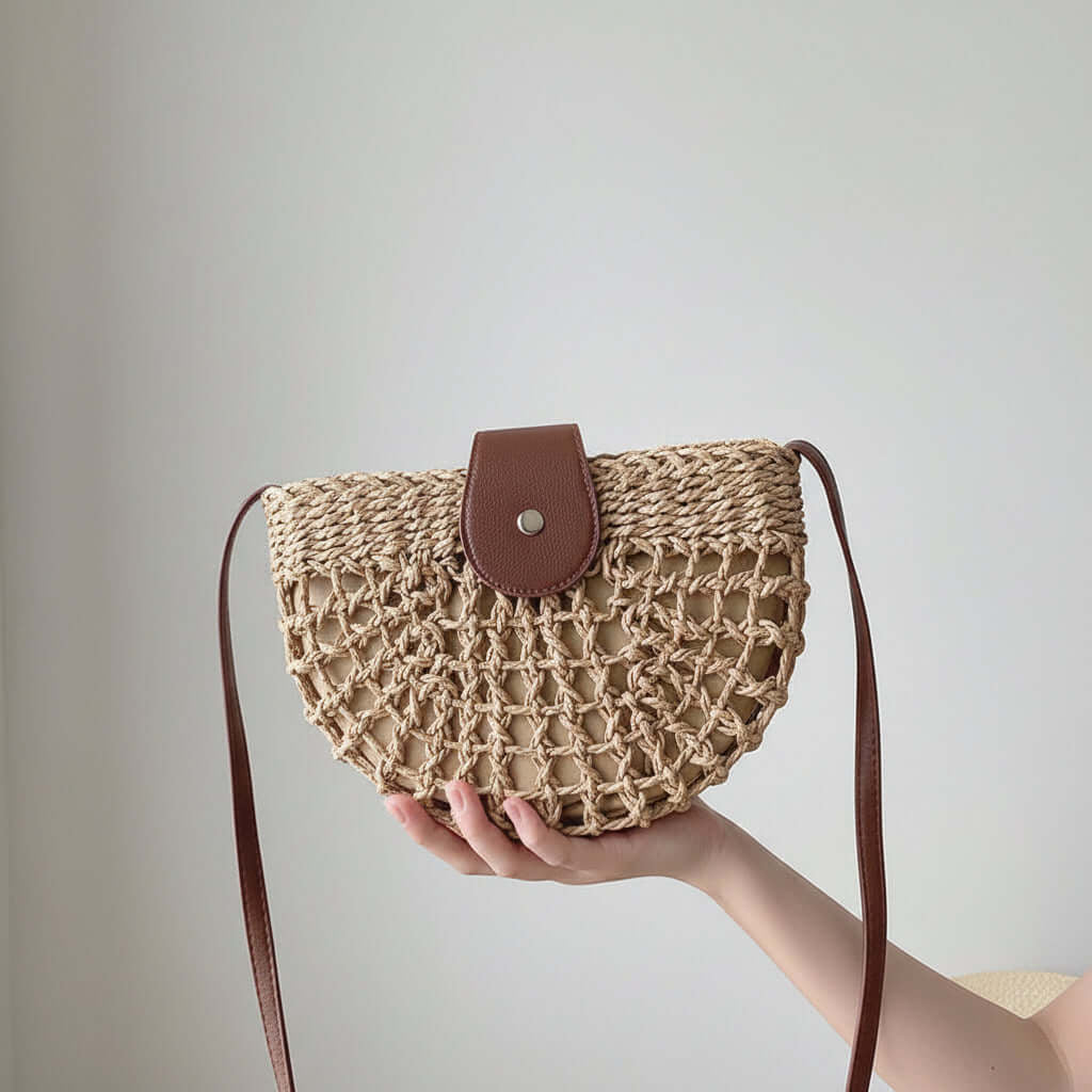 Semicircle Straw Crossbody Bag Hollow Out Cutout Woven Shoulder Bag
