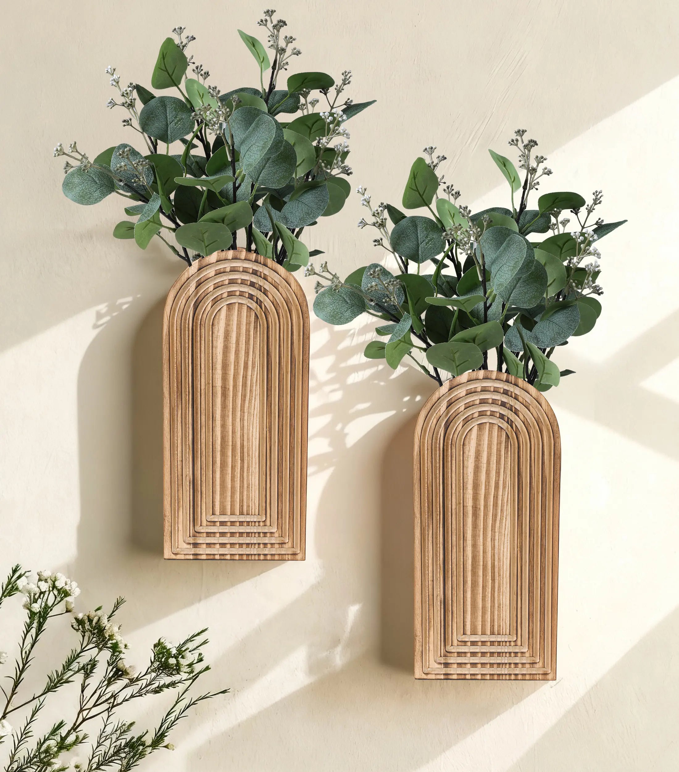 Ivydale 2 Pack Wooden Wall Vases with Fake Plants, Wall Hanging Planters Boho Modern Farmhouse Indoor for Narrow Spaces Entryway Bathroom Home Office Decoration, Brown