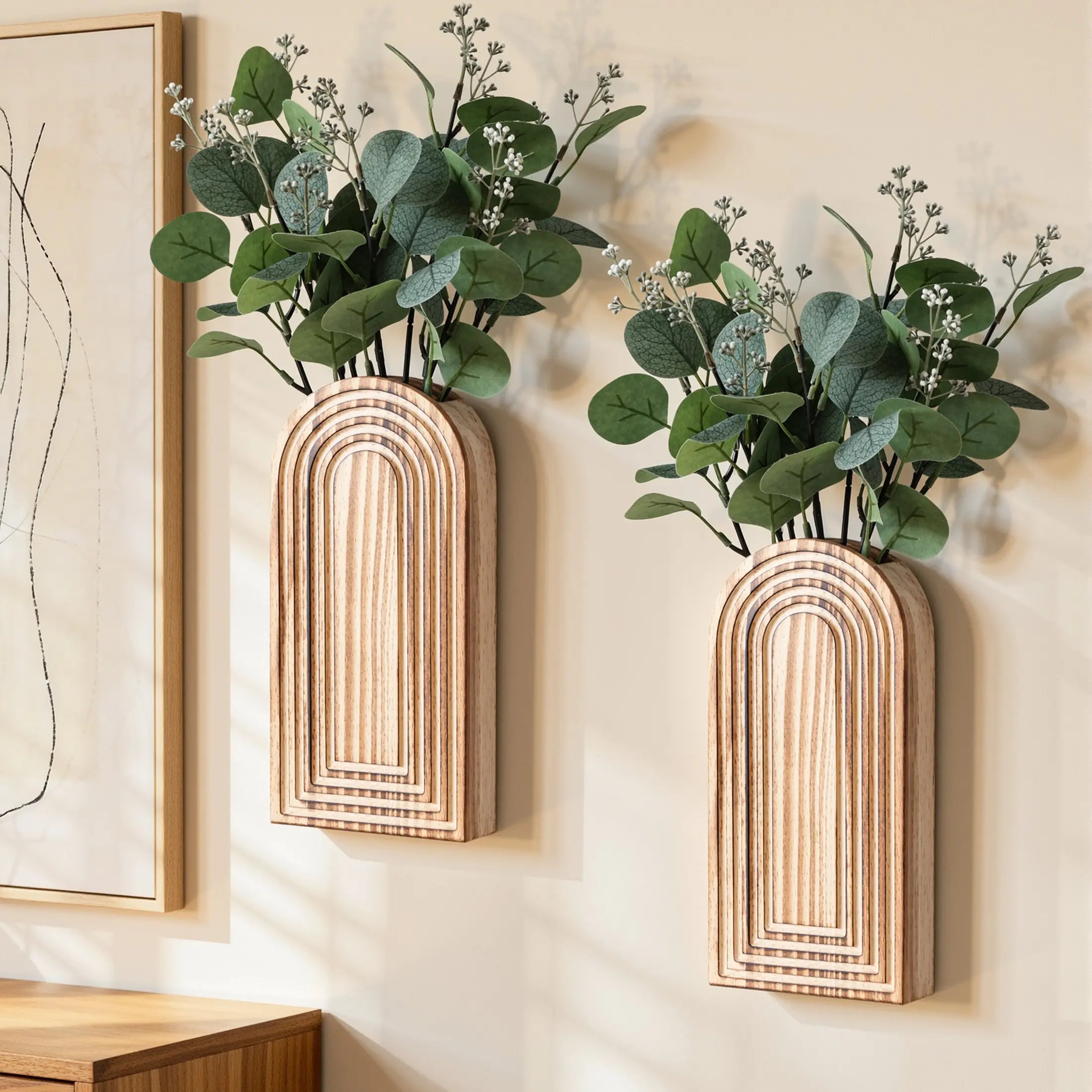 Ivydale 2 Pack Wooden Wall Vases with Fake Plants, Wall Hanging Planters Boho Modern Farmhouse Indoor for Narrow Spaces Entryway Bathroom Home Office Decoration, Brown